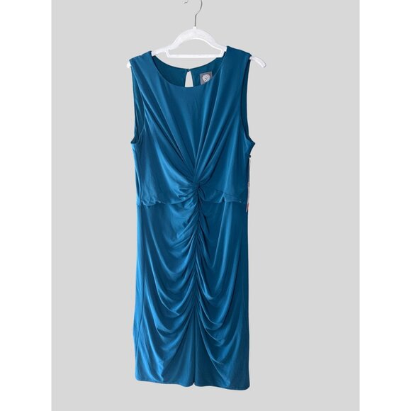 Vince Camuto Size 14 Teal Sleeveless Ruched Bodycon Front Midi Dress Keyhole - Picture 10 of 12